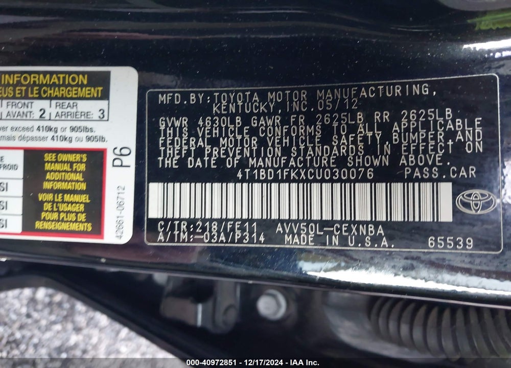 2012 TOYOTA CAMRY HYBRID VIN: 4T1BD1FKXCU030076