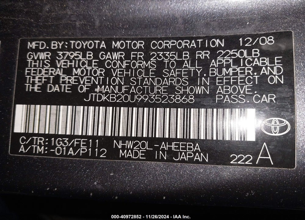 2009 TOYOTA PRIUS VIN: JTDKB20U993523868