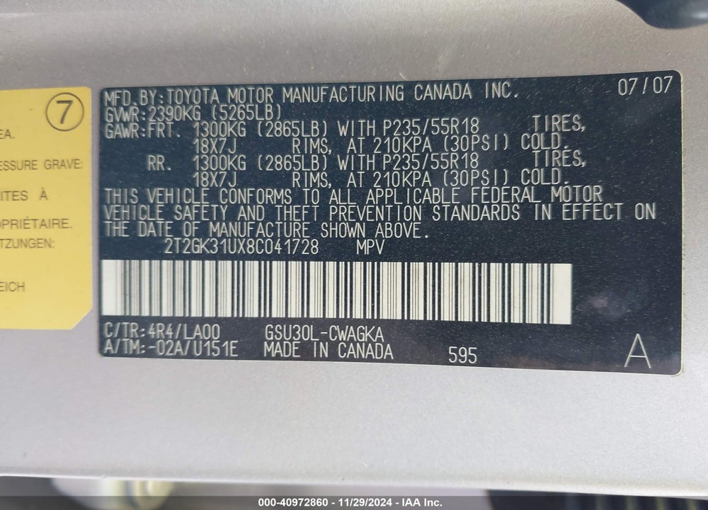 2008 LEXUS RX 350 VIN: 2T2GK31UX8C041728