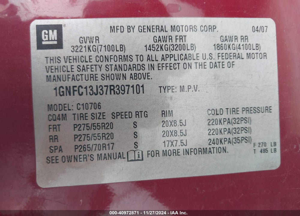 2007 CHEVROLET TAHOE LT VIN: 1GNFC13J37R397101