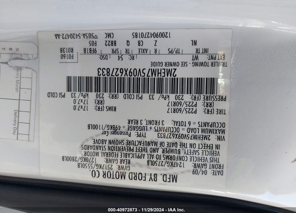 2009 MERCURY GRAND MARQUIS LS (FLEET ONLY) VIN: 2MEHM75V09X627833