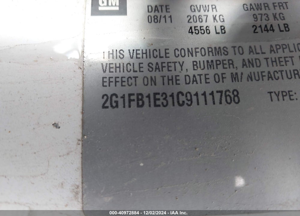 2012 CHEVROLET CAMARO 1LT VIN: 2G1FB1E31C9111768