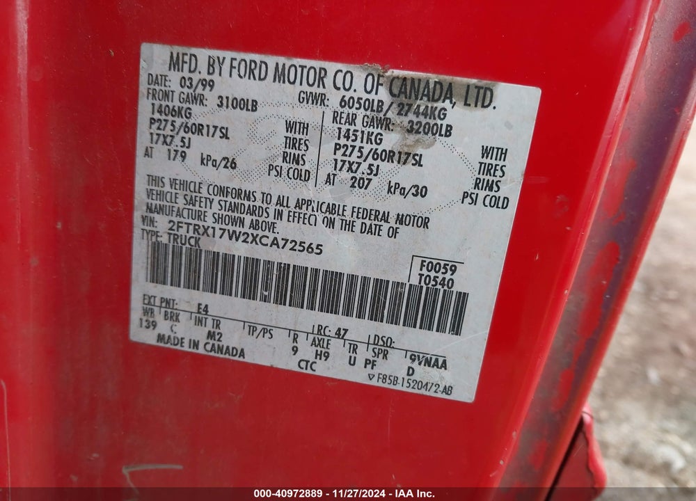 1999 FORD F-150 LARIAT/WORK SERIES/XL/XLT VIN: 2FTRX17W2XCA72565