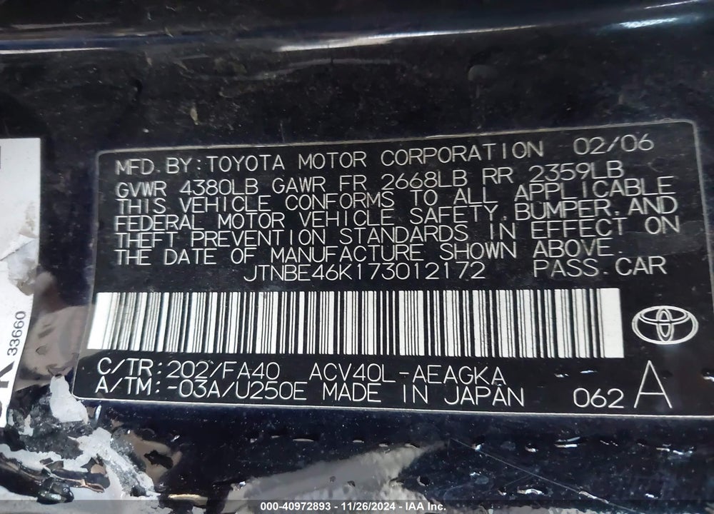 2007 TOYOTA CAMRY XLE VIN: JTNBE46K173012172