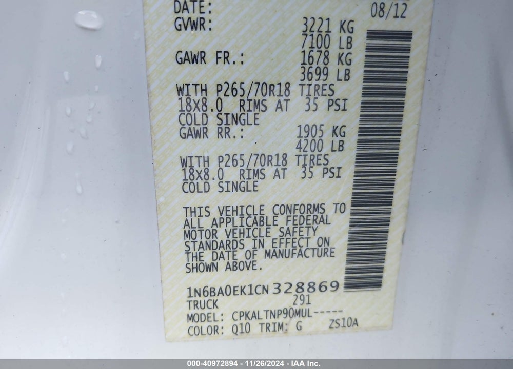 2012 NISSAN TITAN SV VIN: 1N6BA0EK1CN328869