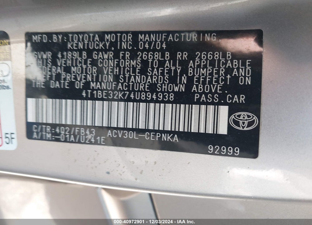 2004 TOYOTA CAMRY LE VIN: 4T1BE32K74U894938