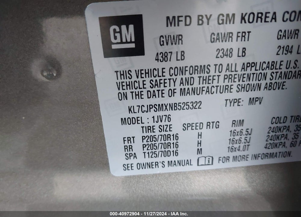 2022 CHEVROLET TRAX AWD LT VIN: KL7CJPSMXNB525322