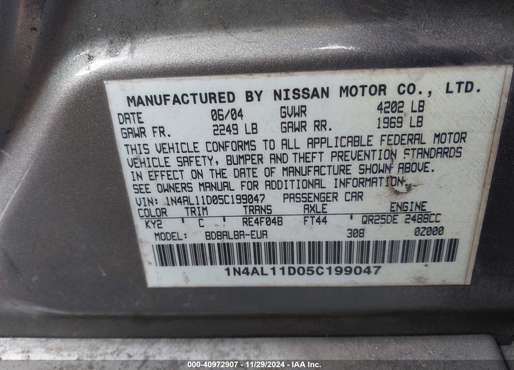 2005 NISSAN ALTIMA 2.5 S VIN: 1N4AL11D05C199047