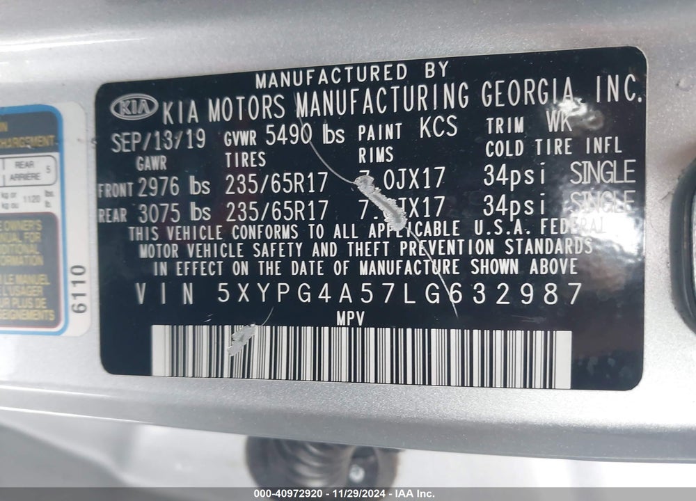 2020 KIA SORENTO 3.3L LX VIN: 5XYPG4A57LG632987