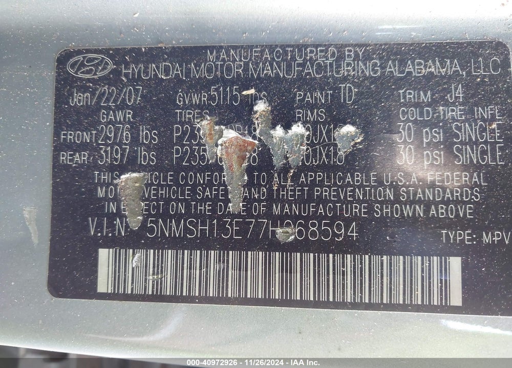 2007 HYUNDAI SANTA FE LIMITED/SE VIN: 5NMSH13E77H068594