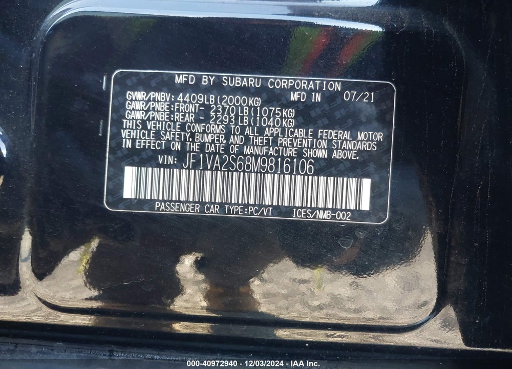 2021 SUBARU WRX STI VIN: JF1VA2S68M9816106