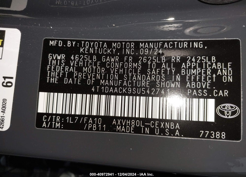 2025 TOYOTA CAMRY LE VIN: 4T1DAACK9SU542741
