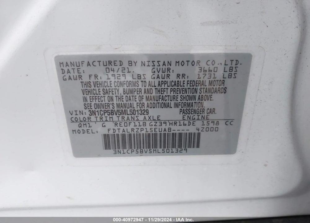 2021 NISSAN KICKS S XTRONIC CVT VIN: 3N1CP5BV5ML501329