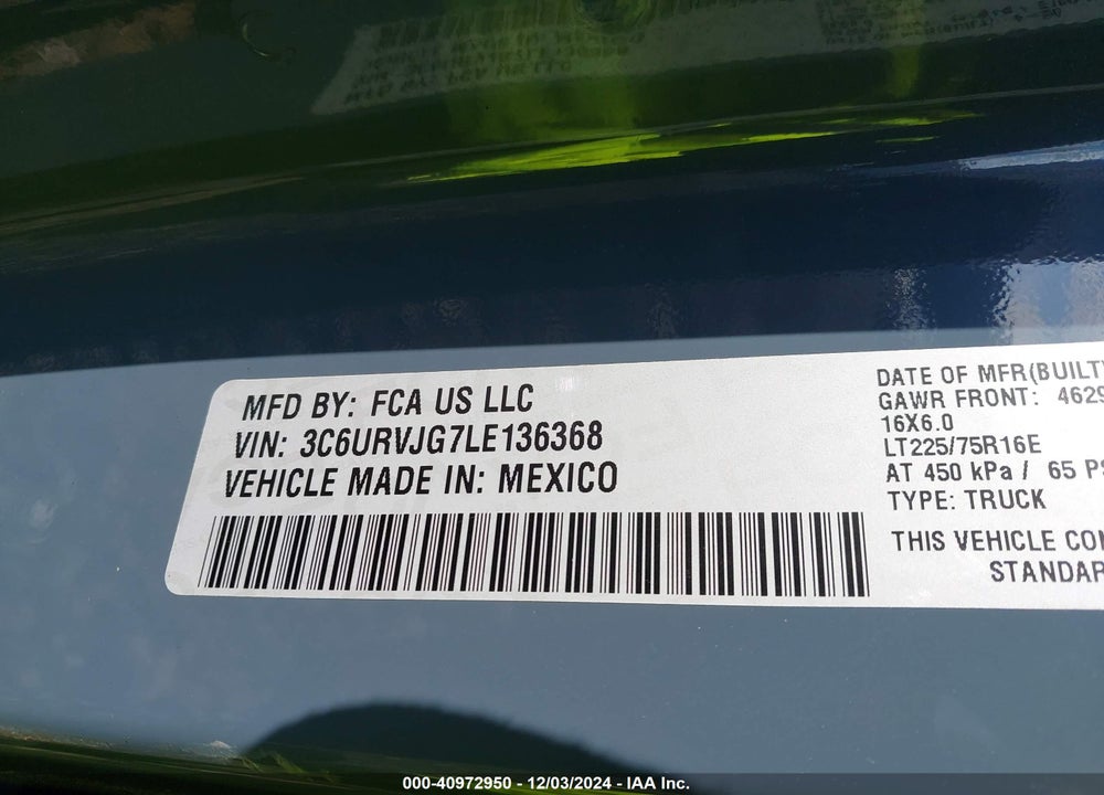2020 RAM PROMASTER 3500 CARGO VAN HIGH ROOF 159 WB EXT VIN: 3C6URVJG7LE136368