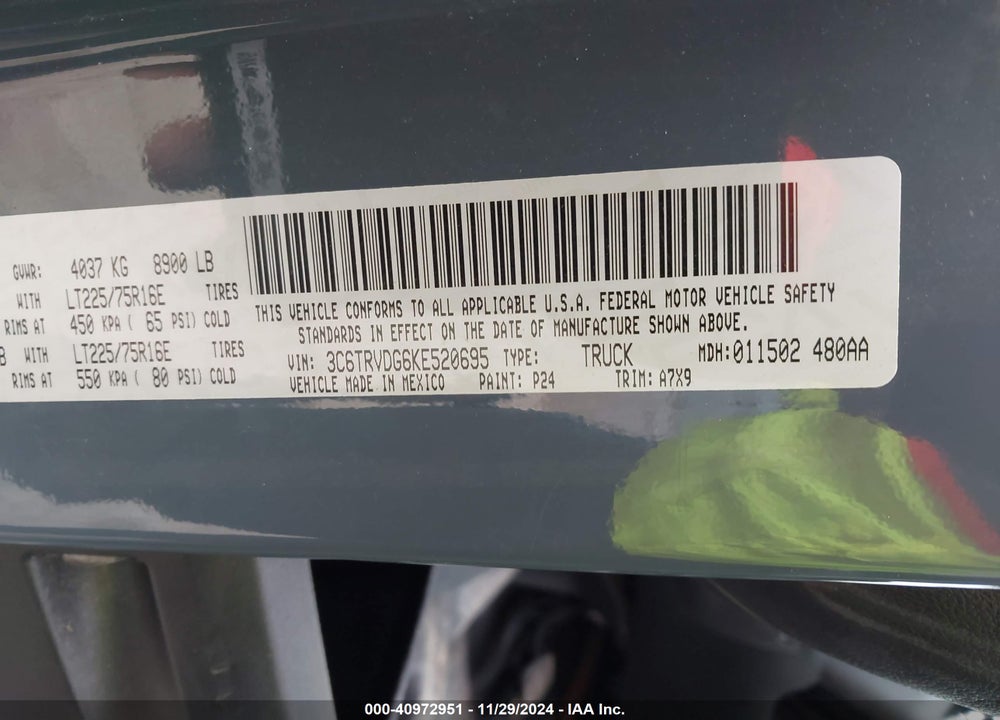 2019 RAM PROMASTER 2500 HIGH ROOF 159 WB VIN: 3C6TRVDG6KE520695