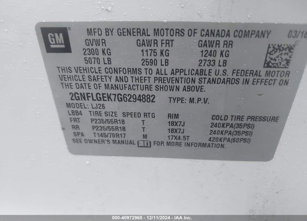 2016 CHEVROLET EQUINOX LTZ VIN: 2GNFLGEK7G6294882