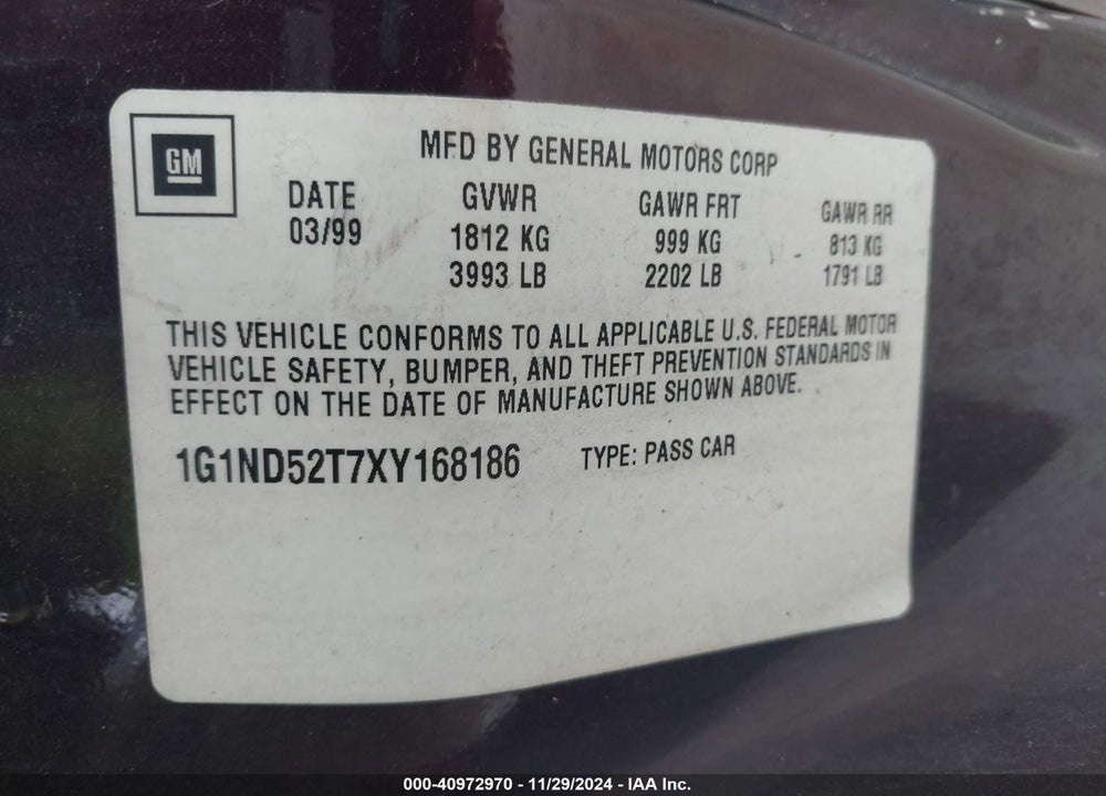 1999 CHEVROLET MALIBU VIN: 1G1ND52T7XY168186