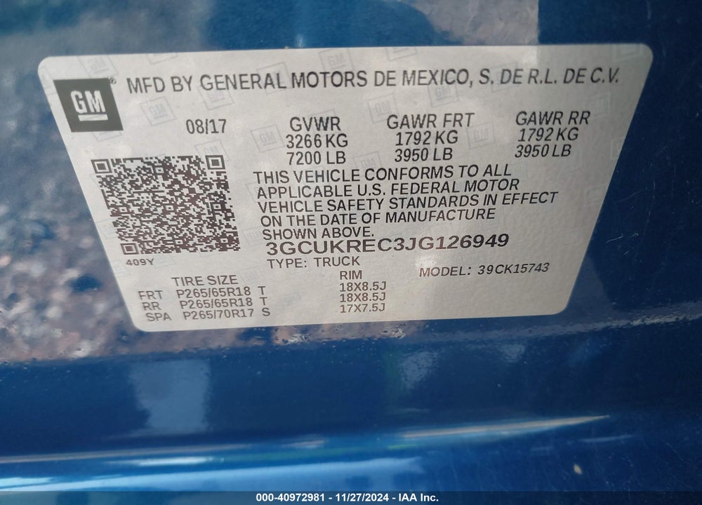 2018 CHEVROLET SILVERADO VIN: 3GCUKREC3JG126949