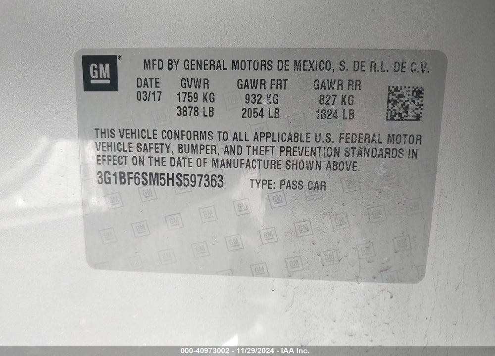 2017 CHEVROLET CRUZE PREMIER AUTO VIN: 3G1BF6SM5HS597363