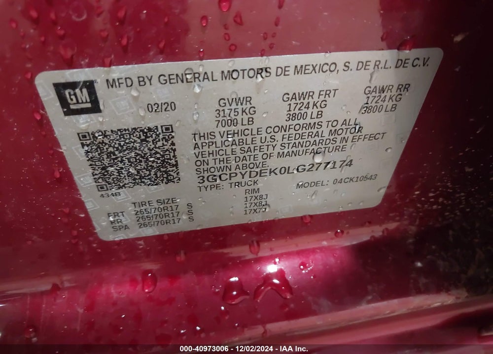 2020 CHEVROLET SILVERADO 1500 4WD SHORT BED LT VIN: 3GCPYDEK0LG277174