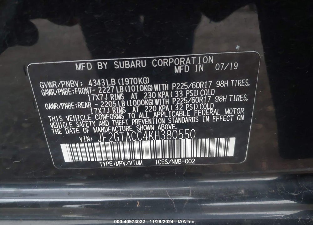 2019 SUBARU CROSSTREK 2.0I PREMIUM VIN: JF2GTACC4KH380550
