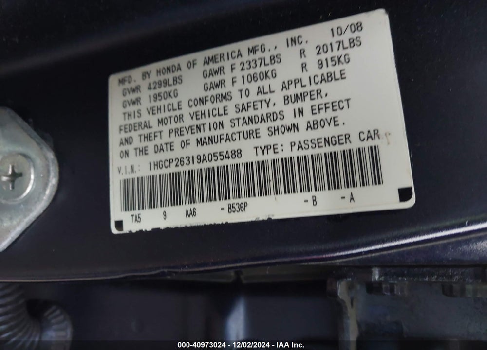 2009 HONDA ACCORD 2.4 LX VIN: 1HGCP26319A055488