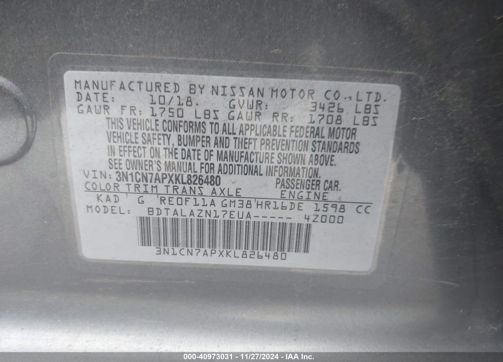 2019 NISSAN VERSA 1.6 S+ VIN: 3N1CN7APXKL826480