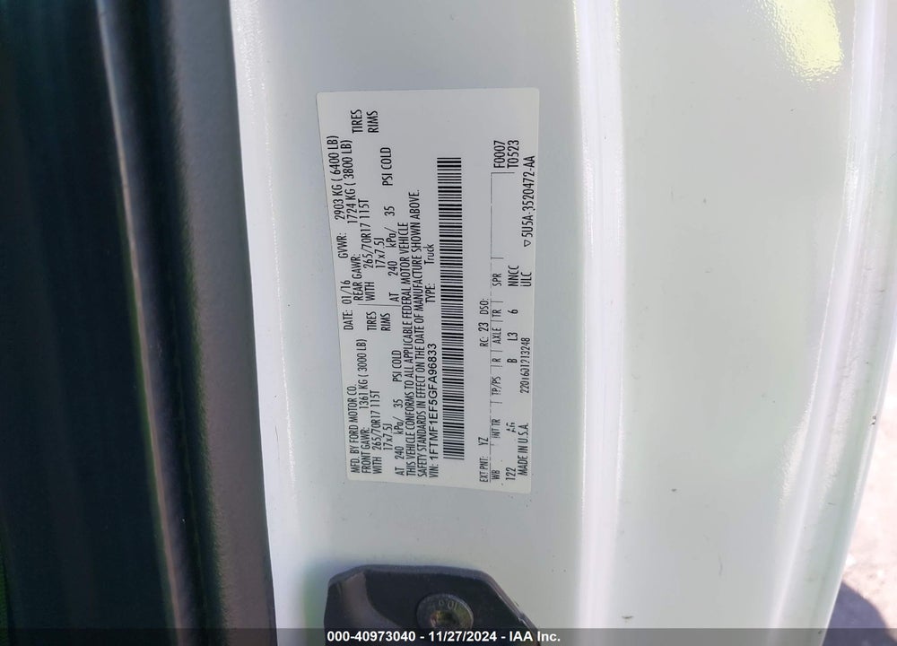 2016 FORD F-150 XL VIN: 1FTMF1EF5GFA96833