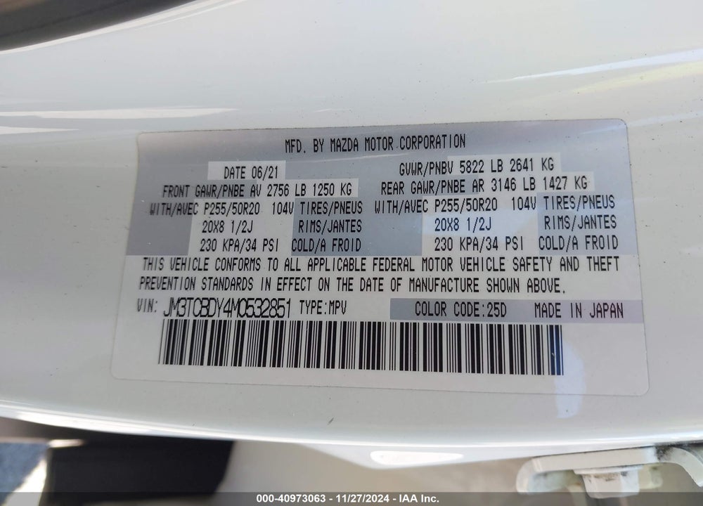 2021 MAZDA CX-9 GRAND TOURING VIN: JM3TCBDY4M0532851