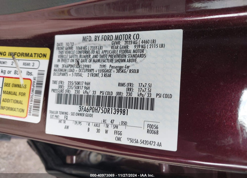 2013 FORD FUSION SE VIN: 3FA6P0H75DR139981