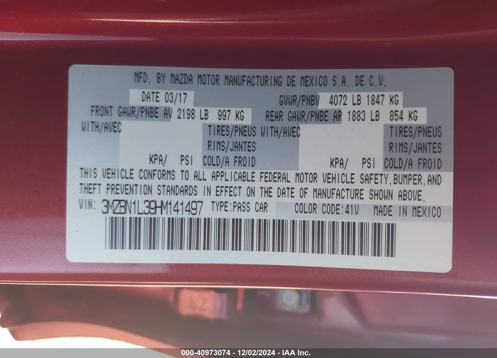 2017 MAZDA 3 TOURING 2.5 VIN: 3MZBN1L39HM141497