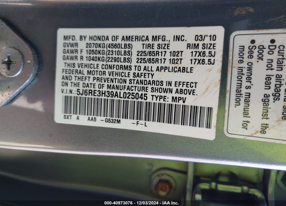 2010 HONDA CR-V LX VIN: 5J6RE3H39AL025045