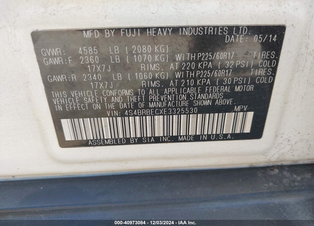 2014 SUBARU OUTBACK 2.5I PREMIUM VIN: 4S4BRBECXE3325530