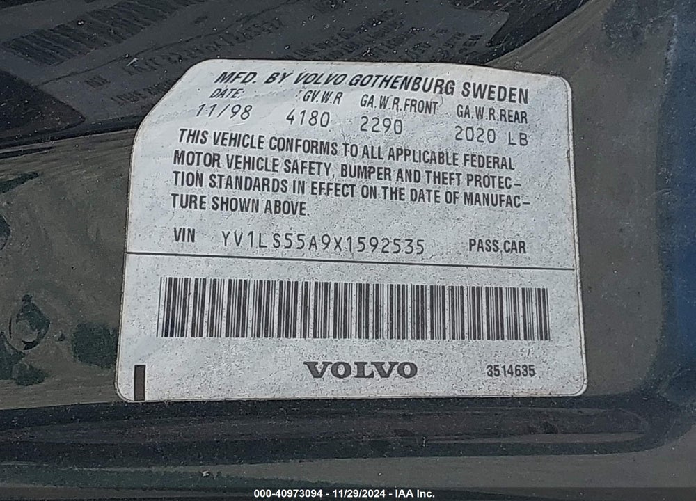 1999 VOLVO S70 VIN: YV1LS55A9X1592535