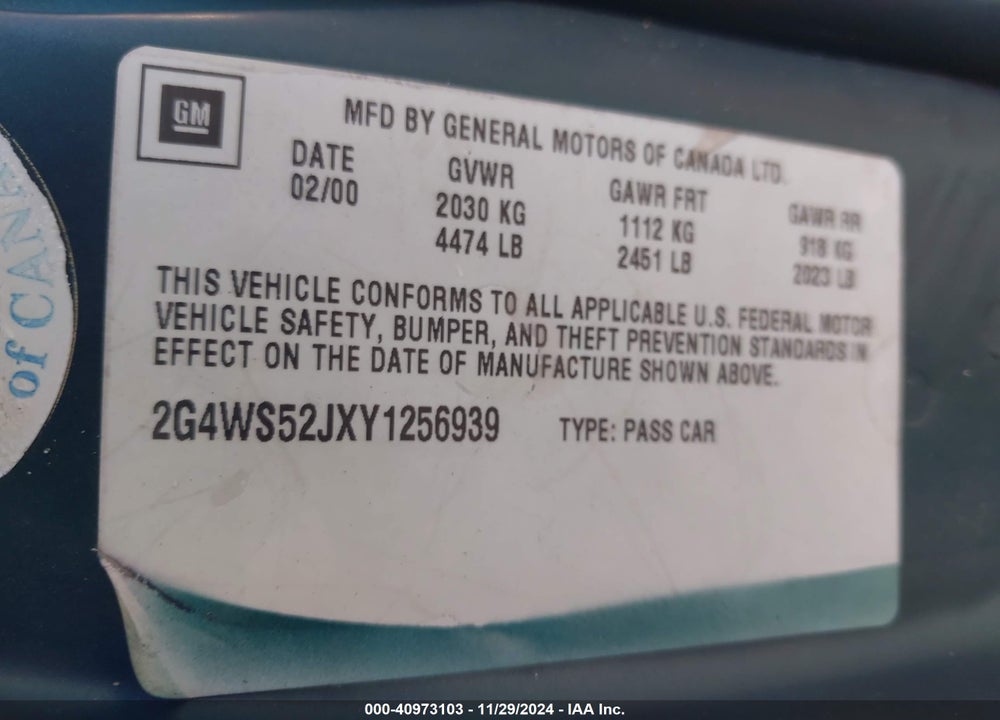 2000 BUICK CENTURY CUSTOM VIN: 2G4WS52JXY1256939