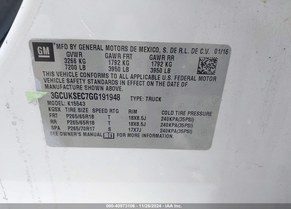 2016 CHEVROLET SILVERADO 1500 1LZ VIN: 3GCUKSEC7GG191948
