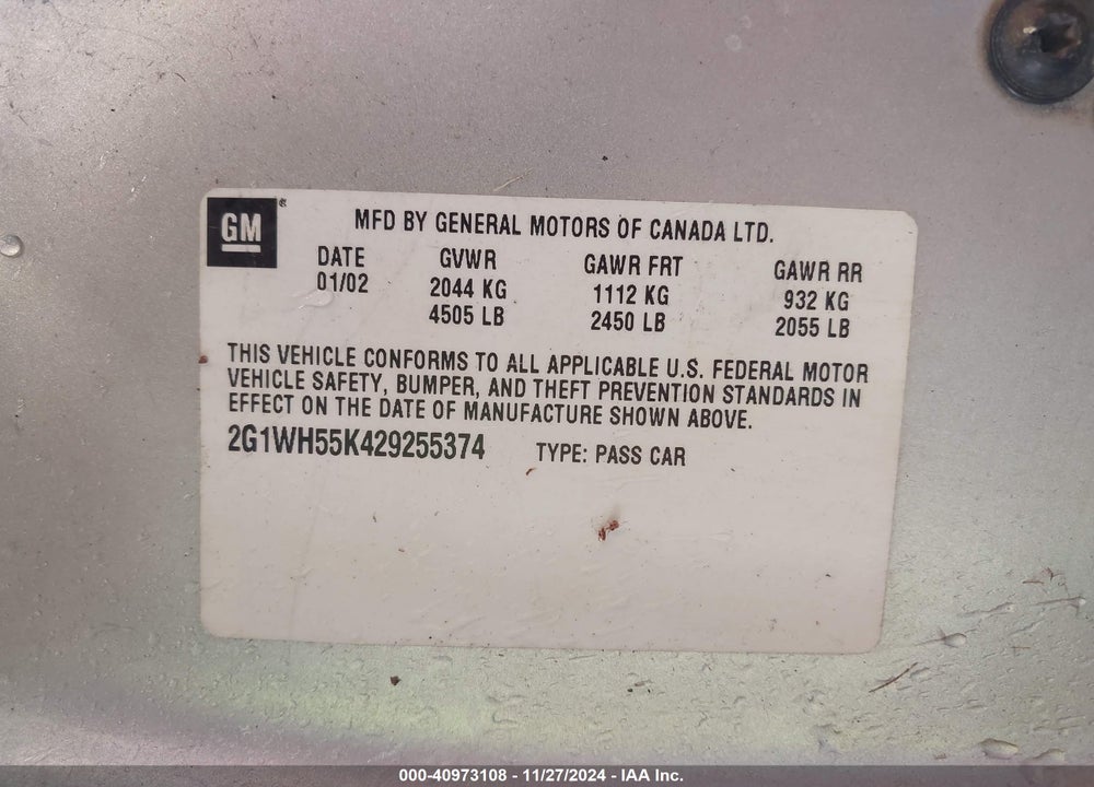 2002 CHEVROLET IMPALA LS VIN: 2G1WH55K429255374