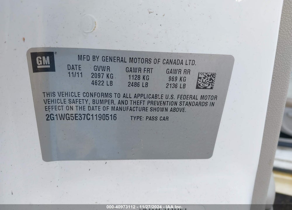 2012 CHEVROLET IMPALA LT VIN: 2G1WG5E37C1190516