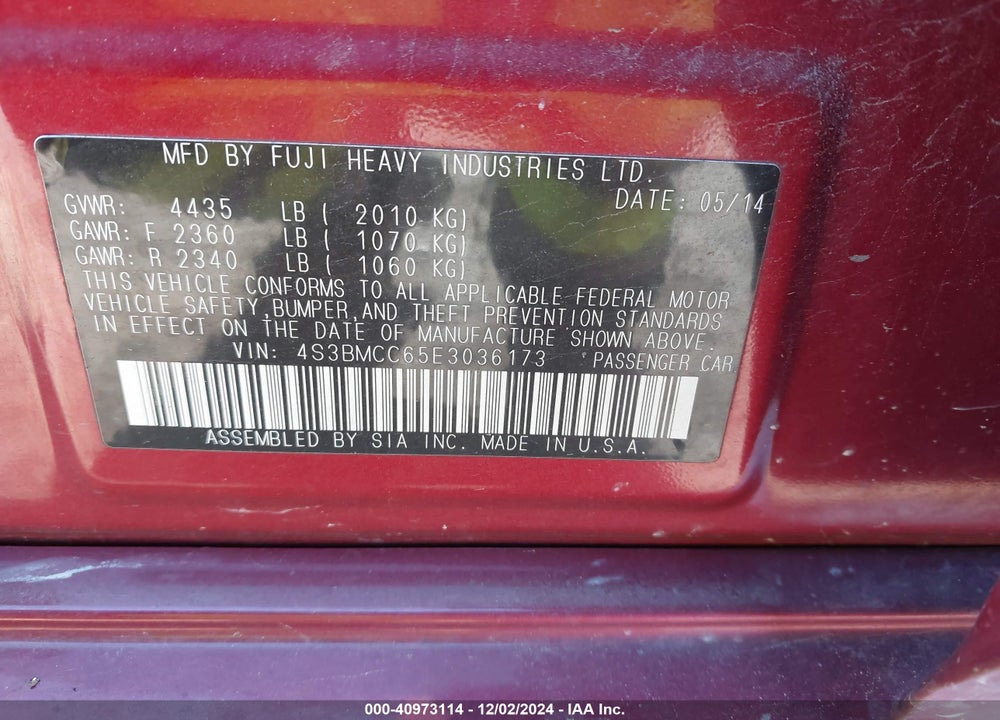 2014 SUBARU LEGACY 2.5I PREMIUM VIN: 4S3BMCC65E3036173