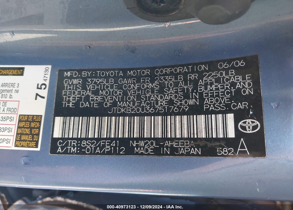 2006 TOYOTA PRIUS VIN: JTDKB20U367517679