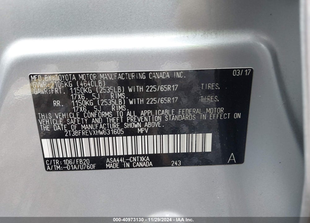 2017 TOYOTA RAV4 LE VIN: 2T3BFREVXHW631605