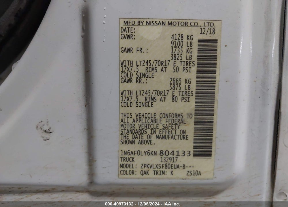 2019 NISSAN NV CARGO NV2500 HD SV V8 VIN: 1N6AF0LY6KN804133