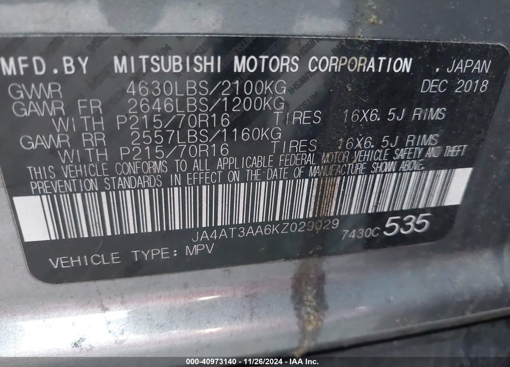 2019 MITSUBISHI ECLIPSE CROSS ES VIN: JA4AT3AA6KZ029029