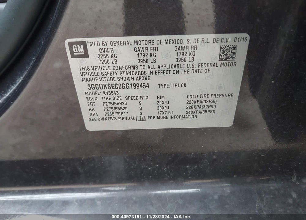 2016 CHEVROLET SILVERADO 1500 2LZ VIN: 3GCUKSEC0GG199454