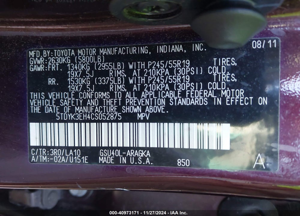 2012 TOYOTA HIGHLANDER LIMITED V6 VIN: 5TDYK3EH4CS052875
