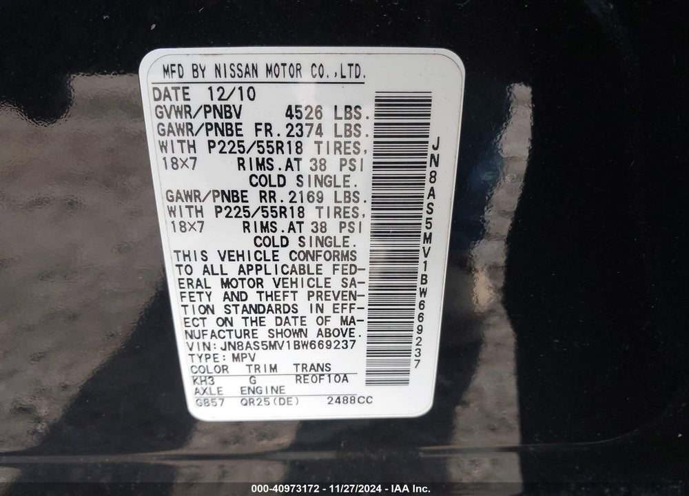 2011 NISSAN ROGUE SV VIN: JN8AS5MV1BW669237