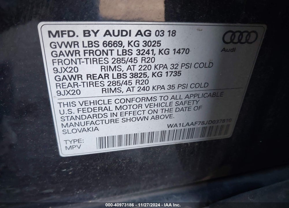 2018 AUDI Q7 3.0T PREMIUM VIN: WA1LAAF78JD037810