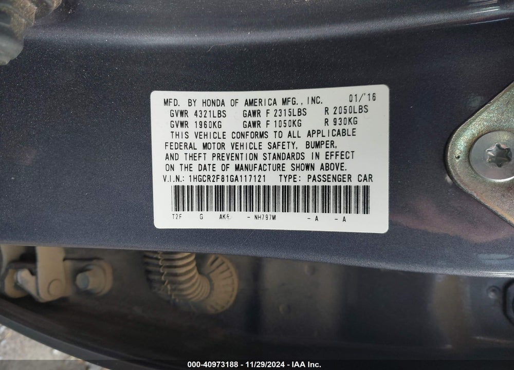 2016 HONDA ACCORD EX-L VIN: 1HGCR2F81GA117121