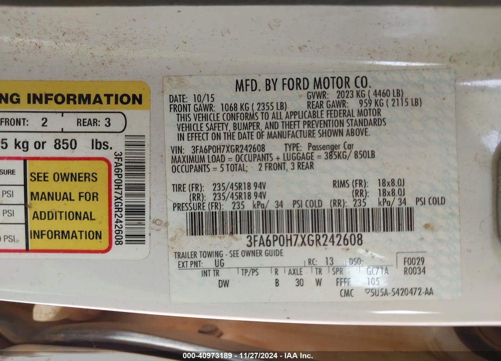 2016 FORD FUSION SE VIN: 3FA6P0H7XGR242608