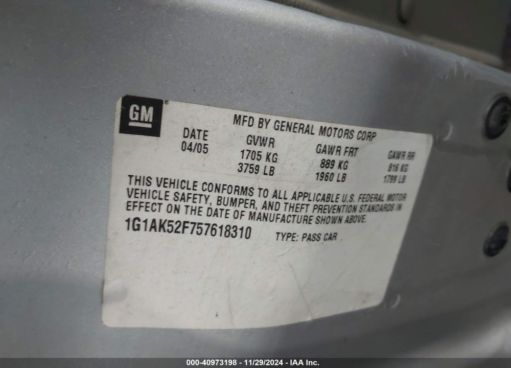 2005 CHEVROLET COBALT VIN: 1G1AK52F757618310